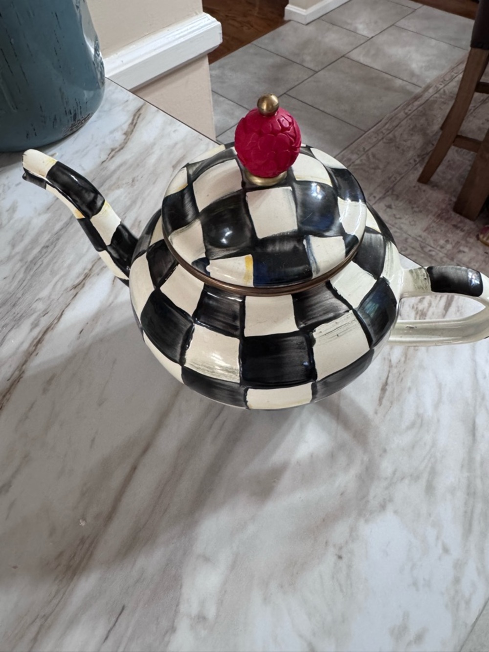 MacKenzie-Childs Black & White Check Teapot with Pink Finial - Picture 3 of 7